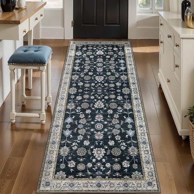 Tangsoo Floral Runner Rug 2x6 Washable Rug for Hallway, Non-Slip Vintage Black Runner Rug for Entryway Indoor, Brown Print Carpet Runner Rugs, Soft Low Pile Long Rug Runner for Kitchen