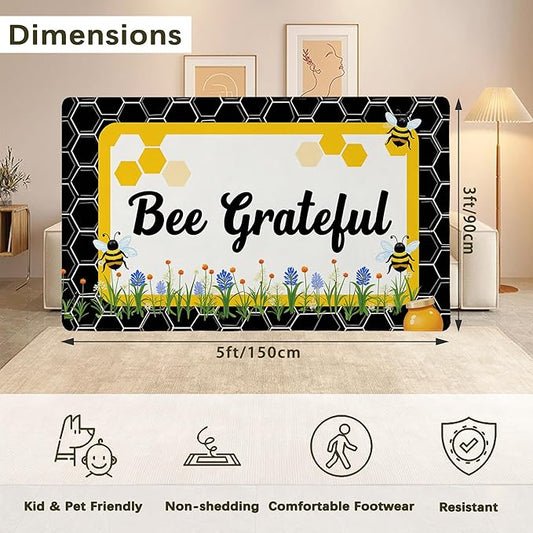 Bee Grateful Rug for Living Room 3x5, Low Pile Non-Slip Backing, Machine Washable Easy Fold Rug for Home, Office, Dorm Room