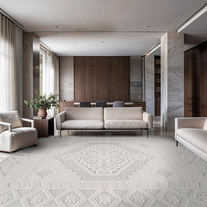 Modern Micro Loop Indoor Area Rugs for Living Room Bedroom Kitchen Geometric Trellis White 9x12 Luxury Durable Low and High Pile Non-Shedding Stain Resistant Soft Area Carpet 9 x 12