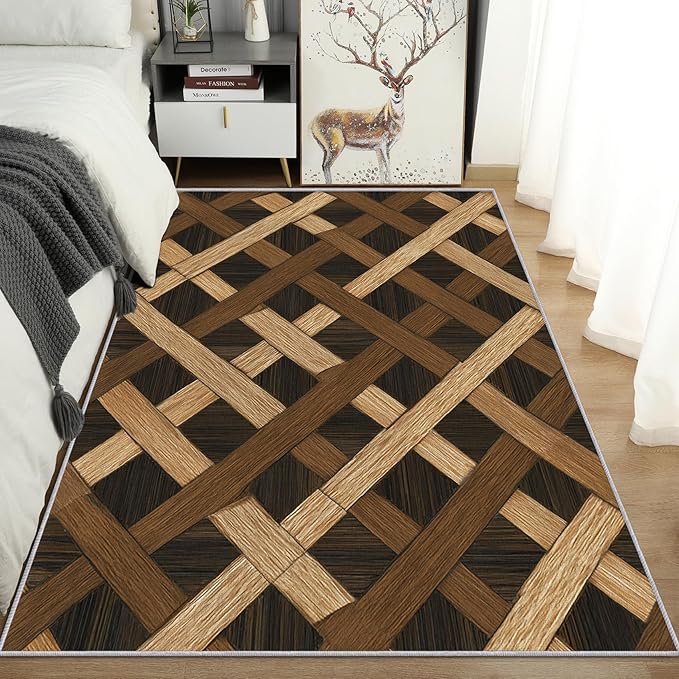Checkered Rug, Washable 5x7 Rug for Living Room, Wood Grain Patterned Indoor Carpet, Checkered Geometric Decor for Home, Bedroom, Soft Non Slip Thin Design FER28