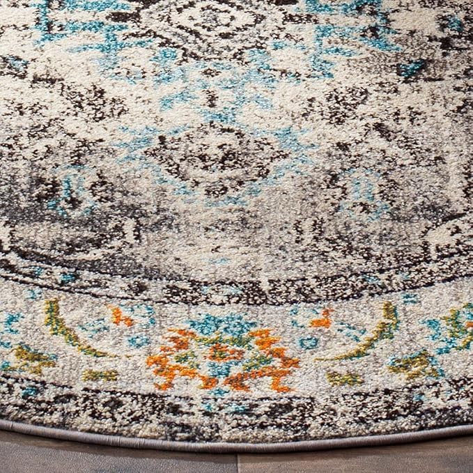SAFAVIEH Monaco Collection Area Rug - 5' Round, Grey & Light Blue, Boho Chic Medallion Distressed Design, Non-Shedding & Easy Care, Ideal for High Traffic Areas in Living Room, Bedroom (MNC243G)