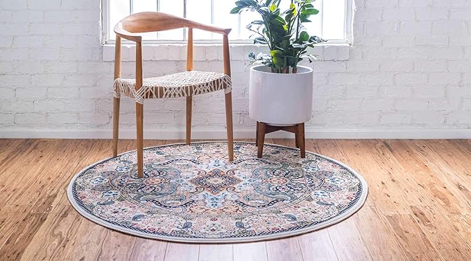 Unique Loom Narenj Collection Classic Traditional Medallion Textured Design Area Rug, Round 5' 0" x 5' 0", Ivory/Tan