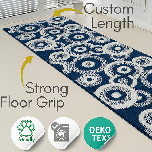Custom Size Long Blue Hallway Runner Rug | Cut to Length 2'3" x 13' (Runner) | Non-Slip & Machine Washable | REMNAZ