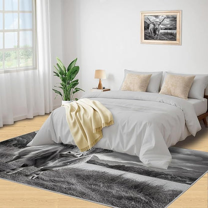 Highland Cattle Rugs for Bedroom - 5x6 Area Rug - Black White Highland Cattle Rugs for Living Room, 3D Natural Landscape Rug, Non-Slip Washable Home Decor Carpet