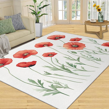 Little Red Flower Rugs for Bedroom - 4x6 Area Rug - Abstract 3D Flowers Rugs for Living Room, Modern Simple Art Rug, Non-Slip Washable Home Decor Carpet