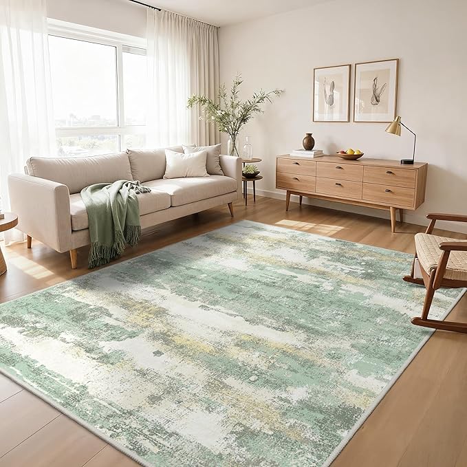 8x10 Area Rugs Washable Green Rug for Living Room Bedroom, Abstract Modern Large Rug Non Slip, Water Repellent Low Pile Soft Carpet for Dining Room, Light Green