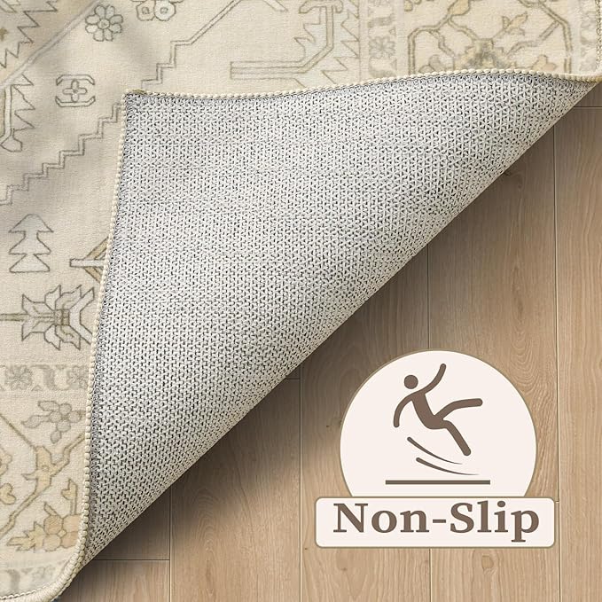 SERISSA 5x7 Boho Area Rug, Washable Non-Slip Rugs for Living Room, Large Beige Rug Ultra Soft Vintage Farmhouse Print Distressed Carpet for Bedroom Dining Room Dorm Office Home Decor