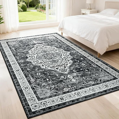 Black 4x6 Rug for Bedroom, Non Slip Washable Area Rugs for Living Room, Distressed Indoor Retro Accent Vintage Carpet for Kitchen, Office, Dining Room, Farmhouse, Kids Room