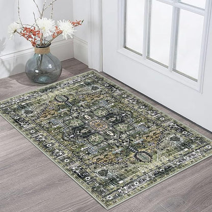 KOZYFLY Small Area Rug 2x3 Ft Rugs for Entryway Washable Boho Entry Rug Non Slip Door Mat Indoor Entrance Faux Wool Vintage Printed Kitchen Rug Throw Rugs for Entrance Kitchen, Charcoal/Green/Olive