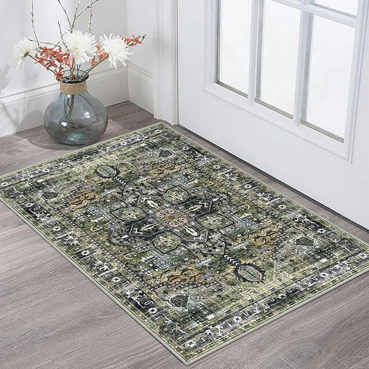 KOZYFLY Small Area Rug 2x3 Ft Rugs for Entryway Washable Boho Entry Rug Non Slip Door Mat Indoor Entrance Faux Wool Vintage Printed Kitchen Rug Throw Rugs for Entrance Kitchen, Charcoal/Green/Olive