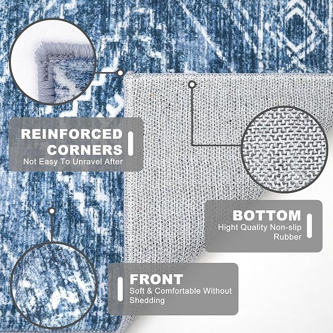 KILOCOCO Boho Entryway Rug 3x5 Area Rug Washable Non Slip Printed Throw Rugs Soft for Kitchen Living Room Dining Bedroom Geometric Moroccan Carpet, Stonewashed Blue