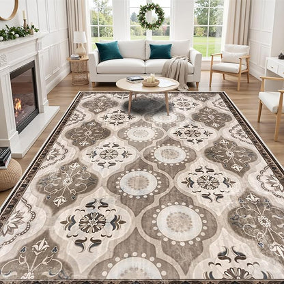 EnHomee Area Rugs 5x7, Soft Washable Rugs for Living Room Bedroom, Boho Non Slip Low Pile Stain Resistant Washable Rug Large Carpet for Dining Room,Easy to Clean Living Room Rug, Khaki