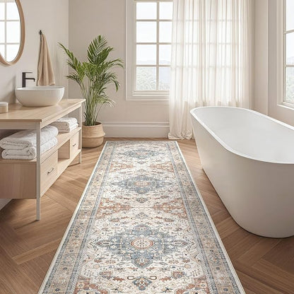 Runner Rug Kitchen Washable Rugs: 2x6 Non-Slip Boho Vintage Distressed Stain Resistant Indoor Neutral Farmhouse Throw Carpet for Hallway Bathroom Laundry Room Entryway Bedroom- Beige Blue
