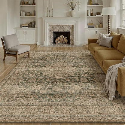9x12 Vintage Area Rug Green Brown Living Room Bedroom Washable Carpet Non-Slip Soft Low Pile Distressed Indoor Large Throw Rug for Dining Room Office