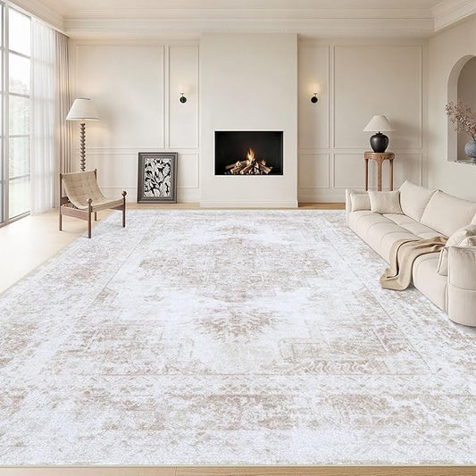 Area Rug 10x14 Living Room Rug, Machine Washable Vintage Distressed Medallion Rug Non-Slip Soft Low Pile Large Indoor Rugs for Bedroom Kitchen Dining Room Office(Beige,10'x14')