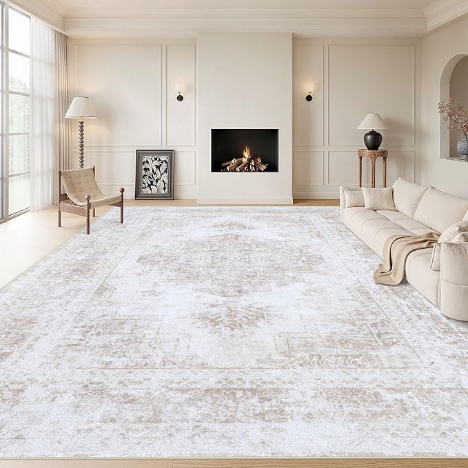 Area Rug 10x12 Living Room Rug, Machine Washable Vintage Distressed Medallion Rug Non-Slip Soft Low Pile Large Indoor Rugs for Bedroom Kitchen Dining Room Office(Beige,10'x12')