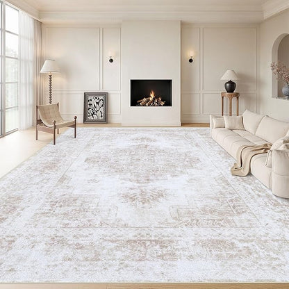 Area Rug 10x12 Living Room Rug, Machine Washable Vintage Distressed Medallion Rug Non-Slip Soft Low Pile Large Indoor Rugs for Bedroom Kitchen Dining Room Office(Beige,10'x12')