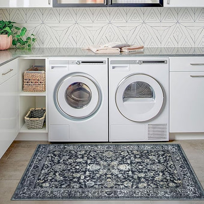 KILOCOCO Area Rug 3x5 Entryway Rug Washable Printed Vintage Floral Rubber Backed Non Slip Indoor Kitchen Rugs for Living Room Laundry Room Playroom Mudroom Moroccan Area Rugs, Navy/Charcoal
