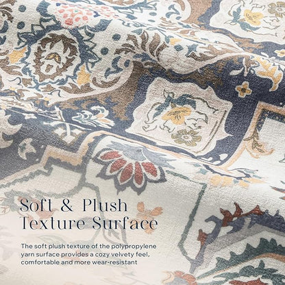 Phantoscope Washable Area Rug 5'x7' Non-Slip, Vintage Boho Rugs for Living Room, Bedroom, Dining Room, Persian Floral Medallion Pattern, Low-Pile Foldable Floor Carpet, Ivory Blue/Garden Bloom