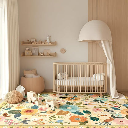 Floral 9x12 Area Rug Machine Washable Soft Print Boho Carpet Non Slip Doormat Low Pile Flower Area Rugs for Living Room Bedroom Nursery Kitchen Dining Room Indoor-Ivory/Yellow
