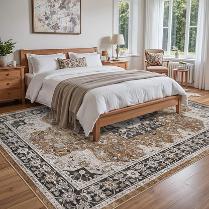 DEXI 5x8 Area Rug for Living Room, Washable Vintage Farmhouse Thin Rug Indoor Floor, Non Slip Stain Resistant Low Pile Carpet for Dining Room Bedroom Office, Brown