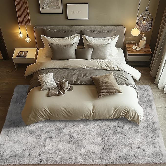 Zentavio Grey and White Area Rugs for Living Room Large Men Room Carpet 5x8 Bedroom Fluffy Furry Shag Aesthetic Plush High Pile Floor Rug for Kids Room Dorm Home Decor Tie-Dyed Grey White