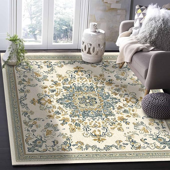 Bohemian Rectangular Area Rugs for Living Room Bedroom 4 x 6 ft Vintage Farmhouse Floral Pattern Non-Shedding Soft Low Pile Rug Non Slip Washable Rug for Nursery Entryway Playroom