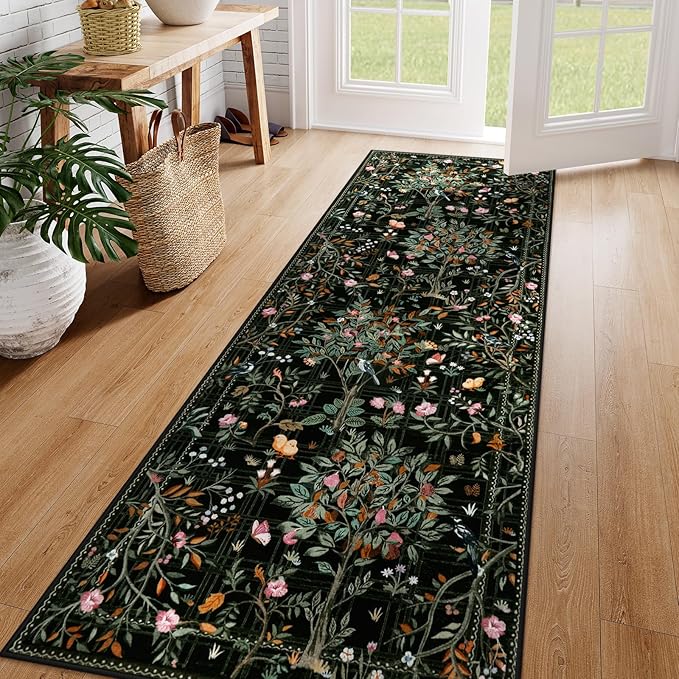Morebes Floral Washable Runners for Hallways 2x8 Non Slip, Boho Flower Entryway Runner Rug, Botanical Birds Indoor Ultra-Thin Soft Floor Carpet Runners for Kitchen Laundry Bath Room Entrance, Black