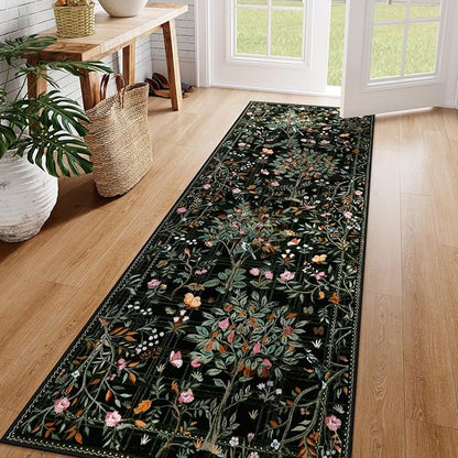 Morebes Floral Washable Runners for Hallways 2x8 Non Slip, Boho Flower Entryway Runner Rug, Botanical Birds Indoor Ultra-Thin Soft Floor Carpet Runners for Kitchen Laundry Bath Room Entrance, Black