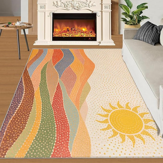 Boho Sun Area Rugs 3x4ft, Mosaic Sunburst Kids Bedroom Rug, Dotted Gradient Hills Bedside Rug Durable Non Slip for Cafe Living Room Under Table Boys Room Decor