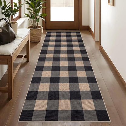Tangsoo Checkered Easy Jute Runner Rug for Hallways,2x6 Washable Non-Slip Carpet Runner for Kitchen Bedroom Laundry Entryway Modern Black Grey Indoor Outdoor Floor Mat