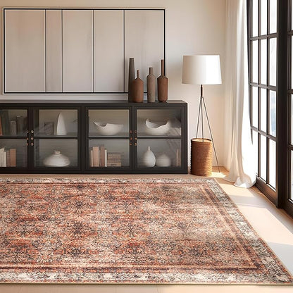 Phantoscope Washable Area Rug 5'x7' Non-Slip, Vintage Neutral Xmas Rugs for Living Room, Bedroom, Dining Room, Distressed Boho Floral Medallion Pattern, Low-Pile Foldable Floor Carpet, Brick Red/Black