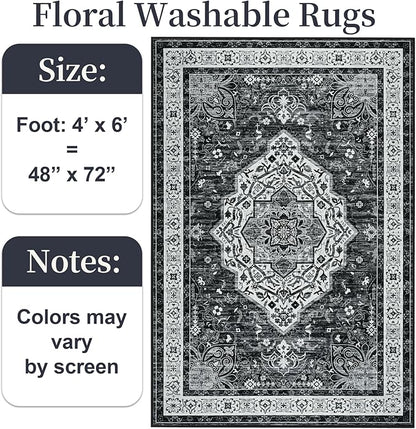 Black 4x6 Rug for Bedroom, Non Slip Washable Area Rugs for Living Room, Distressed Indoor Retro Accent Vintage Carpet for Kitchen, Office, Dining Room, Farmhouse, Kids Room