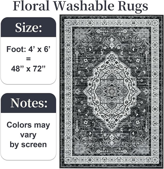 Black 4x6 Rug for Bedroom, Non Slip Washable Area Rugs for Living Room, Distressed Indoor Retro Accent Vintage Carpet for Kitchen, Office, Dining Room, Farmhouse, Kids Room