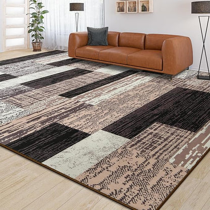 Large Area Rugs,Modern Geometric Patchwork Floor Decor for Bedroom Aesthetic Carpet, Rockwood Collection, Indoor Rugs for Living Room Dining Room Nursery Office Machine Washable Rug, 6x9 Ft Chocolate