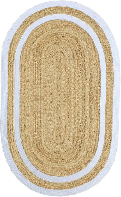 Oval Runner 2.6x16 Kilim Jute Runner Natural Oval Thick 0.27" Solid Design Beige White Hand Braided Jute Flatweave Mat Handmade Boho Indoor Outdoor Rugs for Hallway Enterway Staircases Corridor
