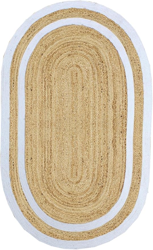 8x11 Rugs for Living Room Oval Kilim Rug Natural Oval Jute Thick 0.27" Solid Design Beige White Hand Braided Jute Flatweave Mat Handmade Boho Indoor Outdoor Rugs for Bedroom Living Dining Room