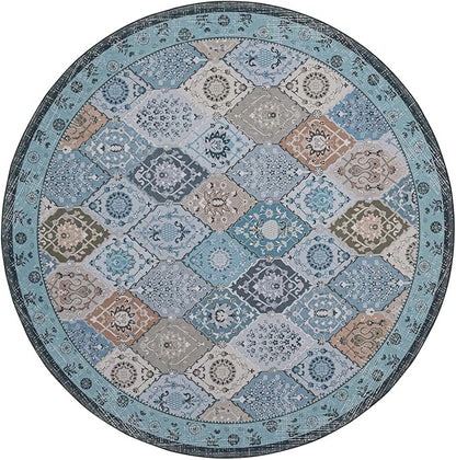 Phantoscope Washable Round Area Rug 6ft Non-Slip, Vintage Boho Rugs for Living Room, Bedroom, Dining Room, Distressed Moroccan Mosaic Diamond Pattern, Low-Pile Foldable Floor Carpet, Blue Teal/Neutral
