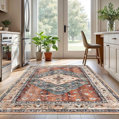 KOZYFLY Boho Area Rug 5x7 Ft Thin Rugs for Living Room Washable Bedroom Rug Non Slip Rugs for Living Room Rust/Orange/Blue Printed Faux Wool Vintage Bedroom Rug Floor Carpet for Dining Room