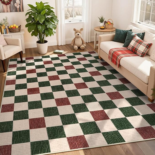LIVEBOX 8x10 Area Rugs for Living Room Clearance, Checkered Non-Slip Washable Rugs, Farmhouse Neutral Classic Pattern Boys Area Rug for Bedroom, Carpet for Dining Room(Red,8'x10')