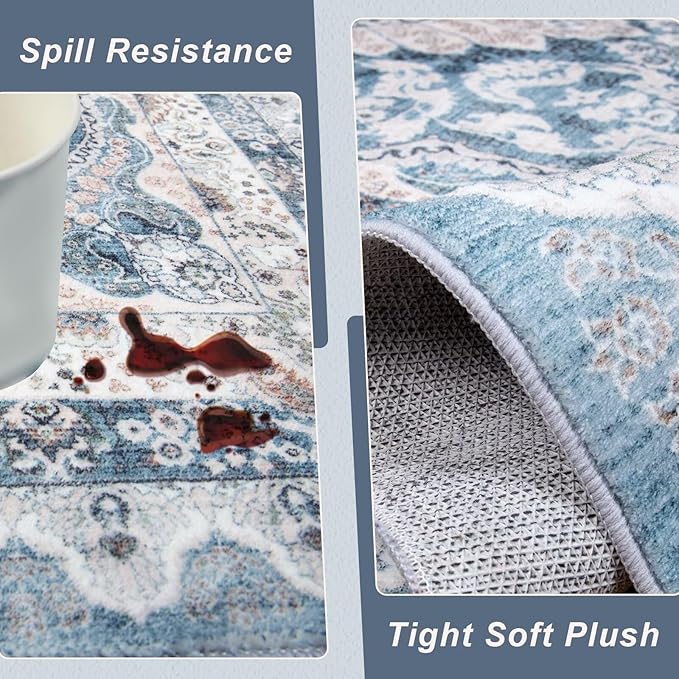 4x6 Area Rug for Bedroom, Machine Washable Rugs with Non-Slip Backing for Living Room, Soft Vintage Carpet Kitchen Laundry Kids Room Decor, Blue & Beige
