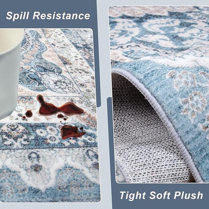 4x6 Area Rug for Bedroom, Machine Washable Rugs with Non-Slip Backing for Living Room, Soft Vintage Carpet Kitchen Laundry Kids Room Decor, Blue & Beige
