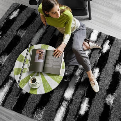Zentavio Area Rugs for Living Room Rugs for Bedroom 4x6 Carpet Fluffy Fuzzy Soft Shag Aesthetic Plush High Pile Throw Rug for Nursery Kids Room Dorm Vertical Stripes Black White