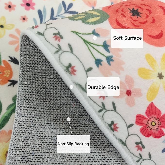 Floral Rug 4x6 Vintage Print Rug Washable Low Pile Living Room Non Slip Carpet for Bedroom, Farmhouse, Dining Room