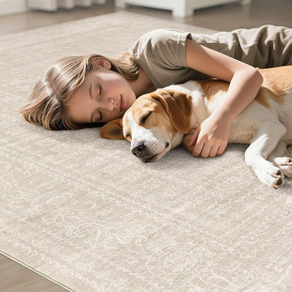 6x9 Area Rugs Living Room: Washable Large Vintage Beige Rug Neutral Non-Slip Soft Stain Resistant Indoor Carpet for Bedroom Nursery Dining Room Under Table Bed Home House Office Playroom