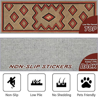 Brown Base Red Black Diamond Runner Rug, 1.3x7ft Zigzag Pattern Hallway Runner Rug, Corridor & Foyer High-Traffic Area Rugs, Durable Flannel Carpet Non-Slip Mat, Southwestern Home Decor