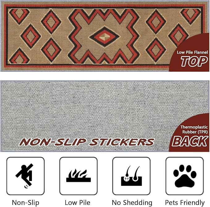 Brown Base Red Black Diamond Runner Rug, 2.6x7ft Zigzag Pattern Hallway Runner Rug, Corridor & Foyer High-Traffic Area Rugs, Durable Flannel Carpet Non-Slip Mat, Southwestern Home Decor