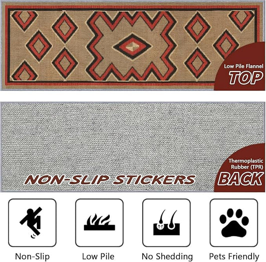 Brown Base Red Black Diamond Runner Rug, 2x7ft Zigzag Pattern Hallway Runner Rug, Corridor & Foyer High-Traffic Area Rugs, Durable Flannel Carpet Non-Slip Mat, Southwestern Home Decor