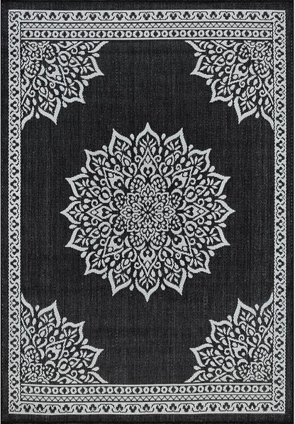 CAMILSON Outdoor Rug, 5x7 Medallion Black White Modern Area Rugs for Indoor and Outdoor Patios, Kitchen and Hallway Mats, Washable Porch Deck Outside Carpet (Medallion Black, 5 x 7)
