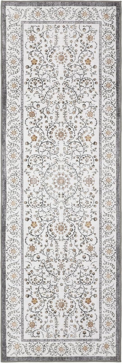 GarveeHome Boho 2x6 Runner Rug for Hallways Non Slip, Vintage Botanical Kitchen Rugs Washable Area Rug for Entryway Stain Resistant, Low Pile Soft Runner Grey Carpet for Bedroom Floor Laundry Room